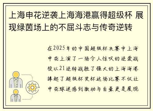 上海申花逆袭上海海港赢得超级杯 展现绿茵场上的不屈斗志与传奇逆转