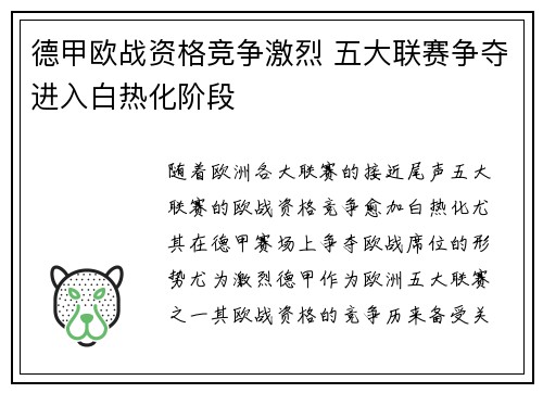 德甲欧战资格竞争激烈 五大联赛争夺进入白热化阶段